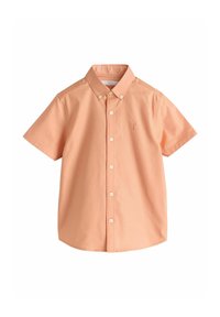 Camicia a maniche corte in cotone color pesca chiaro, con colletto classico, chiusura con bottoni e piccolo logo ricamato sul petto.