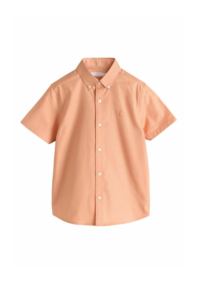 Camicia a maniche corte in cotone color pesca chiaro, con colletto classico, chiusura con bottoni e piccolo logo ricamato sul petto.