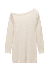 Pull-crème à épaules dénudées, texture tricotée, manches allongées, coupe ample, matière légère, design minimaliste, sans motifs ni accents visibles.