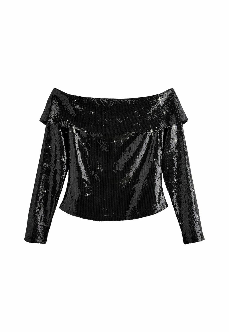 Sort pailletteret off-the-shoulder top med lange ærmer, der har en flæset krave og et tætsiddende, let cropped design.