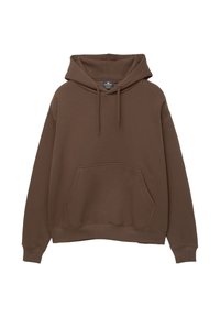 Brown hoodie made of soft fabric, featuring a front pocket, drawstring hood, and ribbed cuffs and hem. Classic pullover design.