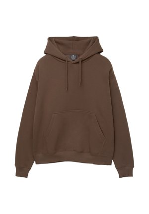 Haut à capuche marron en tissu doux, avec une poche frontale, un cordon de serrage à la capuche, et des poignets et un ourlet côtelés. Design classique à enfiler.