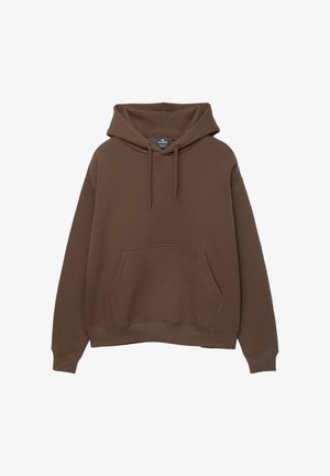 Brown hoodie made of soft fabric, featuring a front pocket, drawstring hood, and ribbed cuffs and hem. Classic pullover design.