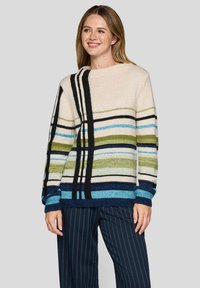 Gestrickter Pullover mit horizontalen Streifen in Creme, Grün, Blau und Schwarz. Lange Ärmel, Rundhalsausschnitt und strukturierte Bündchen.