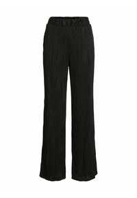 Pantalons larges noirs avec des lignes ondulées verticales texturées et une taille élastique, présentés sur un fond blanc.