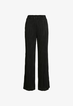 Pantalons larges noirs avec des lignes ondulées verticales texturées et une taille élastique, présentés sur un fond blanc.