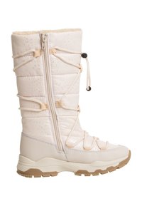 Bottes d'hiver isolées blanches avec une finition brillante, tige matelassée, fermeture éclair sur le côté et lacets élastiques pour un ajustement. Semelle en caoutchouc pour l'adhérence.