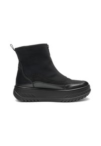 Botas negras hasta el tobillo hechas de una combinación de material sintético y cuero. Cuentan con un alto cuello, cremallera lateral y suela gruesa texturizada.