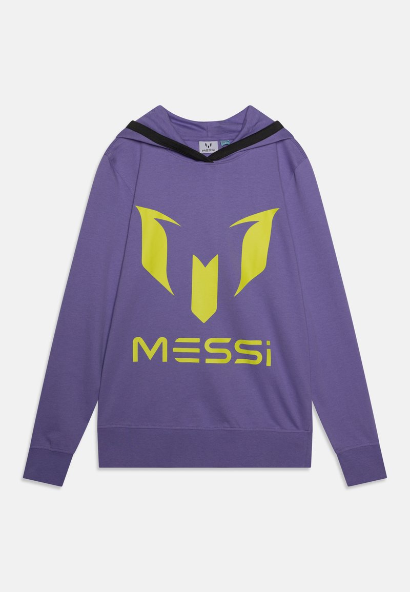 Hanorac violet cu un logo mare galben și textul "MESSi" pe față. Accente negre pe glugă. Material moale cu o croială lejeră.