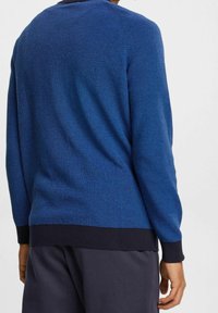 Blå texturerad tröja med långa ärmar och rund halsringning, med en fast mörkblå kant vid fållen och ärmsluten.