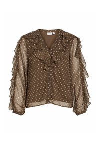 Blusa marrón con lunares, cuello con volantes y mangas largas transparentes. Presenta una parte delantera con botones y un ajuste holgado.