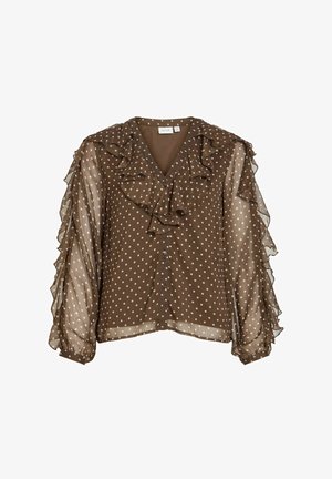 Smeđa bluza s točkicama, volančićima na izrezu i dugim, prozirnim rukavima. Ima kopčanje na gumbe sprijeda i opušteni kroj.