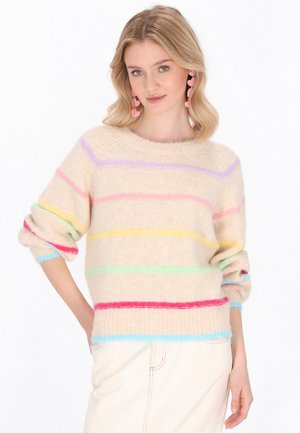 Beige sweater met meerkleurige strepen in roze, geel, groen en blauw. Gemaakt van zacht, gestructureerd materiaal met een losse pasvorm en geribbelde manchetten.