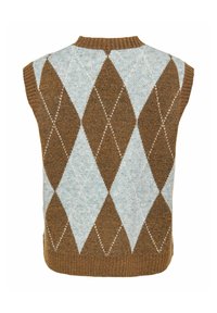 Gilet sans manches tricoté avec un grand motif losange argyle marron et bleu clair, bordures côtes à l'ourlet et à l'encolure.
