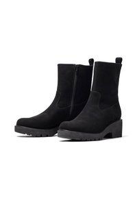 Stivaletti neri alla caviglia in suede, dotati di una cerniera laterale. Presentano una suola platform e un tacco spesso per un'altezza extra.