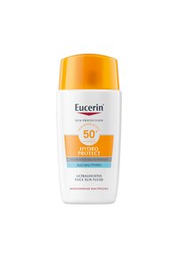 Eucerin Hydro Protect sun fluid, white bottle with orange cap, labeled SPF 50+, lightweight, for all skin types, advanced spectral technology.