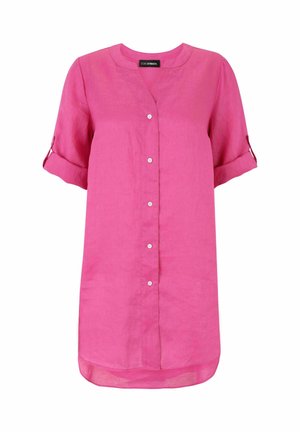 Bright pink knee-length shirt dress with rolled-up short sleeves, front button closure, and round neckline.