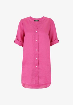 Bright pink knee-length shirt dress with rolled-up short sleeves, front button closure, and round neckline.