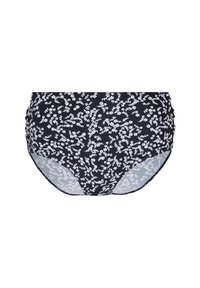 Aukštos juosmens bikini tipo kelnaitės jūros mėlyna spalva su baltu gėlių raštu, pagamintos iš tamprių medžiagų. Šonai dekoruoti raukiniais, o tekstūra glotni.