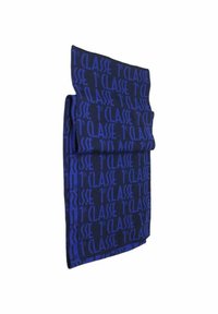 Sacca di tessuto blu con motivo testuale "1Classe". Presenta un design ripiegato e una superficie liscia, adatta per contenere piccoli oggetti.
