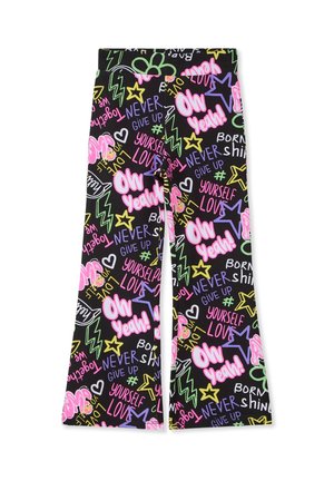 Leggings neri con testi colorati e motivi grafici, tra cui stelle, fulmini e frasi in rosa, verde e giallo.