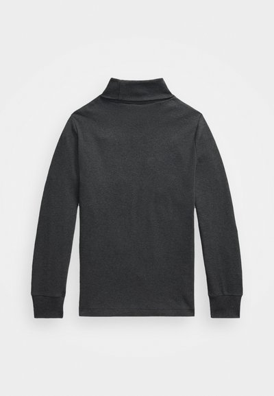 Temno siva dolga majica s turtleneck ovratnikom, izdelana iz mehkega materiala, s prilegajočim ovratnikom in rebrastimi manšetami. Gladka tekstura, minimalističen dizajn.