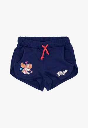 Marineblaue Baumwollshorts mit elastischem Bund, rotem Kordelzug, Seitentaschen, mit einem Cartoon-Hund-Grafik und dem weißen Schriftzug "Skye".