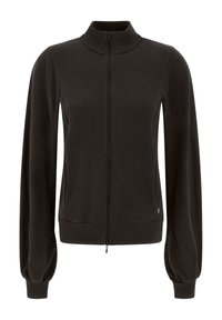 Giacca nera con zip realizzata in tessuto liscio, dotata di un alto colletto, maniche lunghe e voluminose, e una vita aderente con un piccolo logo di lato.