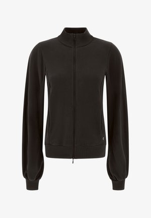 Schwarze Zip-Jacke aus glattem Stoff, mit hohem Kragen, langen Puffärmeln und einem figurbetonten Bund mit kleinem Logo an der Seite.