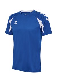 Maillot de sport à manches courtes bleu avec accents blancs aux épaules et logo hummel sur la poitrine et les manches.