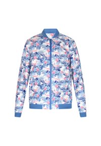 Giacca bomber floreale con vivaci motivi tropicali in rosa e blu, zip frontale completa e polsini e colletto a coste di colore blu coordinato.