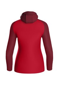 Rode hoodie met lange mouwen. Hoofdlichaam in felrood, mouwen in een donkerder rood, met een gestructureerde capuchon en een aansluitend ontwerp.