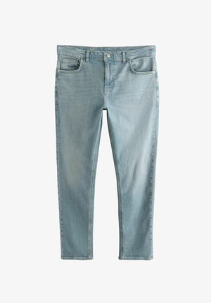 Svijetlo plave traperice ravnog kroja, s prednjim džepom, petljama za remen i patentnim zatvaračem. Glatka tekstura i klasični dizajn.