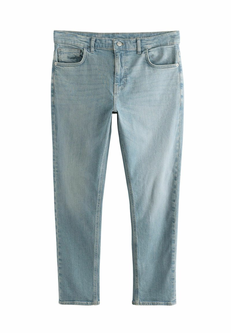 Jeans din denim albastru deschis, cu croială dreaptă, având un buzunar frontal, bucle pentru curea și fermoar. Textură netedă și design clasic.