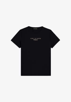 T-shirt nera in cotone con girocollo e maniche corte, con testo dorato "TIME TO SHINE" e "FREDDY" sulla parte anteriore.