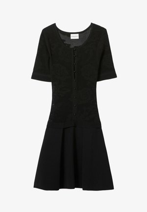 Vestito nero a maniche corte con corpetto aderente caratterizzato da bottoni e motivo floreale, gonna ampia e tinta unita, e scollo rotondo.