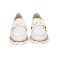 White leather loafers with chunky white chain detail and thick ridged sole, viewed from the front on a white background.