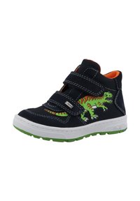 Detské námorníkové vysoké tenisky z textilu s dvoma suchými zipsami, s živým zeleným dizajnom dinosaura a oranžovým vnútorným podšívkou. Biela podrážka.