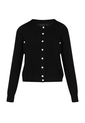 Zwarte gebreide cardigan met een ronde halslijn, lange mouwen, ribbelstructuur en parelachtige knoopdetails aan de voorkant en op de zakken.