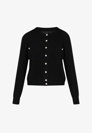Fekete kötött kardigán kerek nyakkivágással, hosszú ujjal, bordázott textúrával és gyöngyszerű gombdíszítéssel elöl és a zsebeknél.