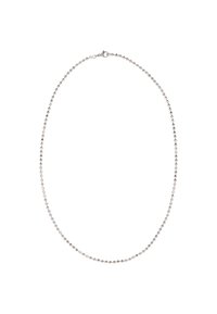 Stříbrný náhrdelník z kuličkového řetízku s rovnoměrně rozmístěnými korálky, s uzávěrem na klips a hladkým, leštěným povrchem.
