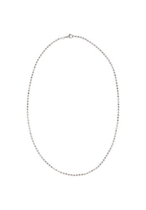 Ezüst golyós lánc nyaklánc egyenletesen elhelyezett gyöngyökkel, kapcsos záródással és sima, fényes felülettel.