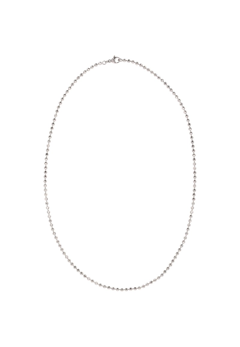 Stříbrný náhrdelník z kuličkového řetízku s rovnoměrně rozmístěnými korálky, s uzávěrem na klips a hladkým, leštěným povrchem.