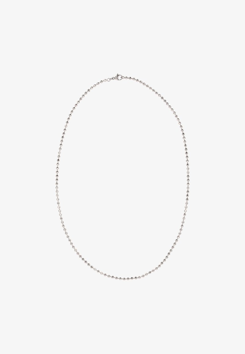 Stříbrný náhrdelník z kuličkového řetízku s rovnoměrně rozmístěnými korálky, s uzávěrem na klips a hladkým, leštěným povrchem.