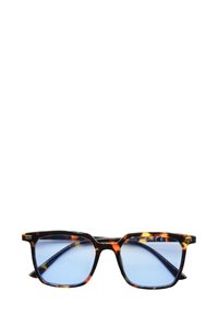 Occhiali da sole con pattern tartarugato, montatura rettangolare, lenti blu e aste nere. Presentano dettagli dorati sulla montatura.
