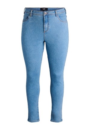 Světle modré skinny džíny vyrobené z denimu, s mírným pasem, pěti kapsami a zapínáním na knoflík. Hladká textura s rovnými švy.