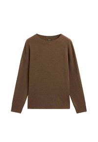 Pullover in maglia marrone a maniche lunghe con scollatura rotonda, polsini e orlo a costine, esposto su sfondo bianco.