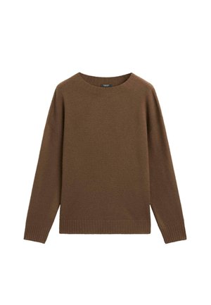 Brun langærmet strikket sweater med rund halsudskæring, ribbede manchetter og kant, præsenteret på hvid baggrund.