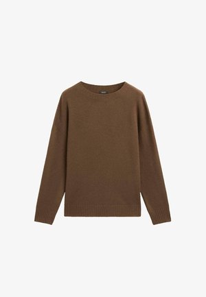 Pullover in maglia marrone a maniche lunghe con scollatura rotonda, polsini e orlo a costine, esposto su sfondo bianco.