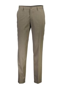 Broek in lichtbruin stof, op maat gemaakt, met een gladde textuur, riemlussen en een enkele sluitknop aan de voorkant.